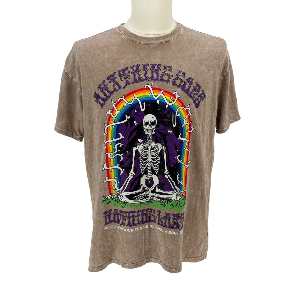 Empyre Graphic T-Shirt Brown Mineral Wash Skeleton Rainbow 100% Cotton Small